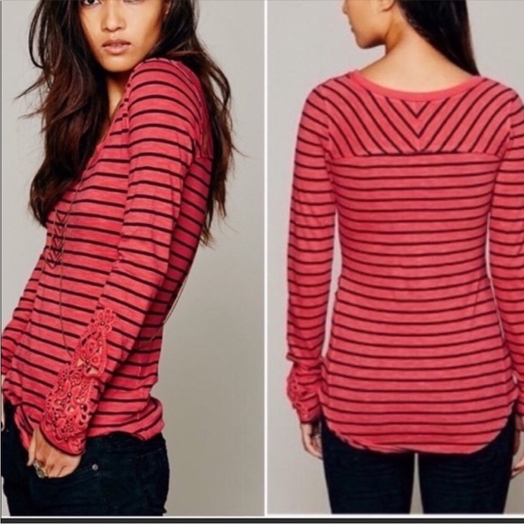 Free People Hard Candy Striped Henley Red Crochet Cuffs - Picture 2 of 14